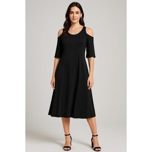 Susan Graver Dress Women Plus Size 2X Black Cold‎ Shoulder Midi Minimalist LBD